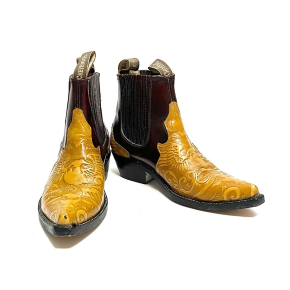 Vintage 1990s Boots Tooled Leather Pull On Western Ankle by Cheyenne Size 10 - Picture 4 of 9
